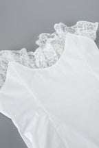 White Lace Trim Ruched Waist Puff Sleeve Blouse