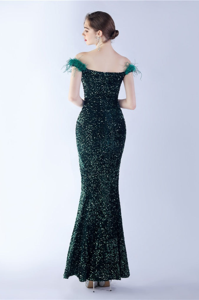 Velvet Sequin Ostrich Feather Off Shoulder Formal Dress S / Green
