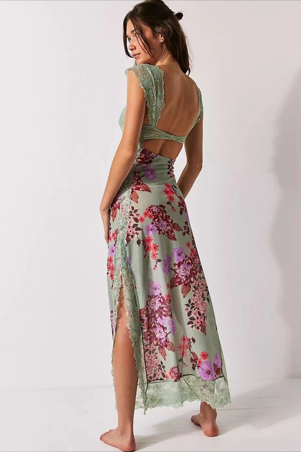 Lace Patchwork Strap Backless Slit Maxi Floral Dress Secondary image