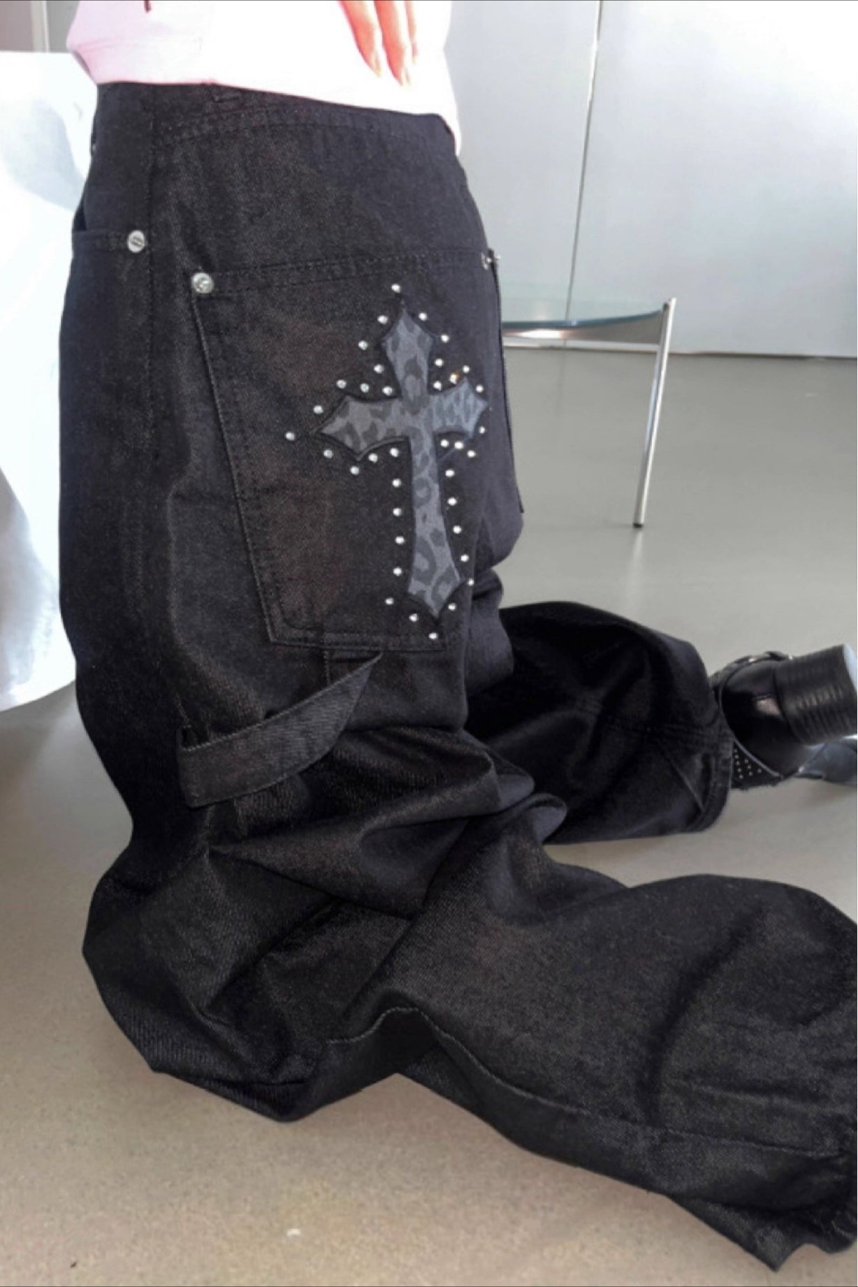Black Leopard Cross Graphic Loose Curved Leg Jeans