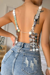 Silver Sequin Solid Backless Sexy Crop Top