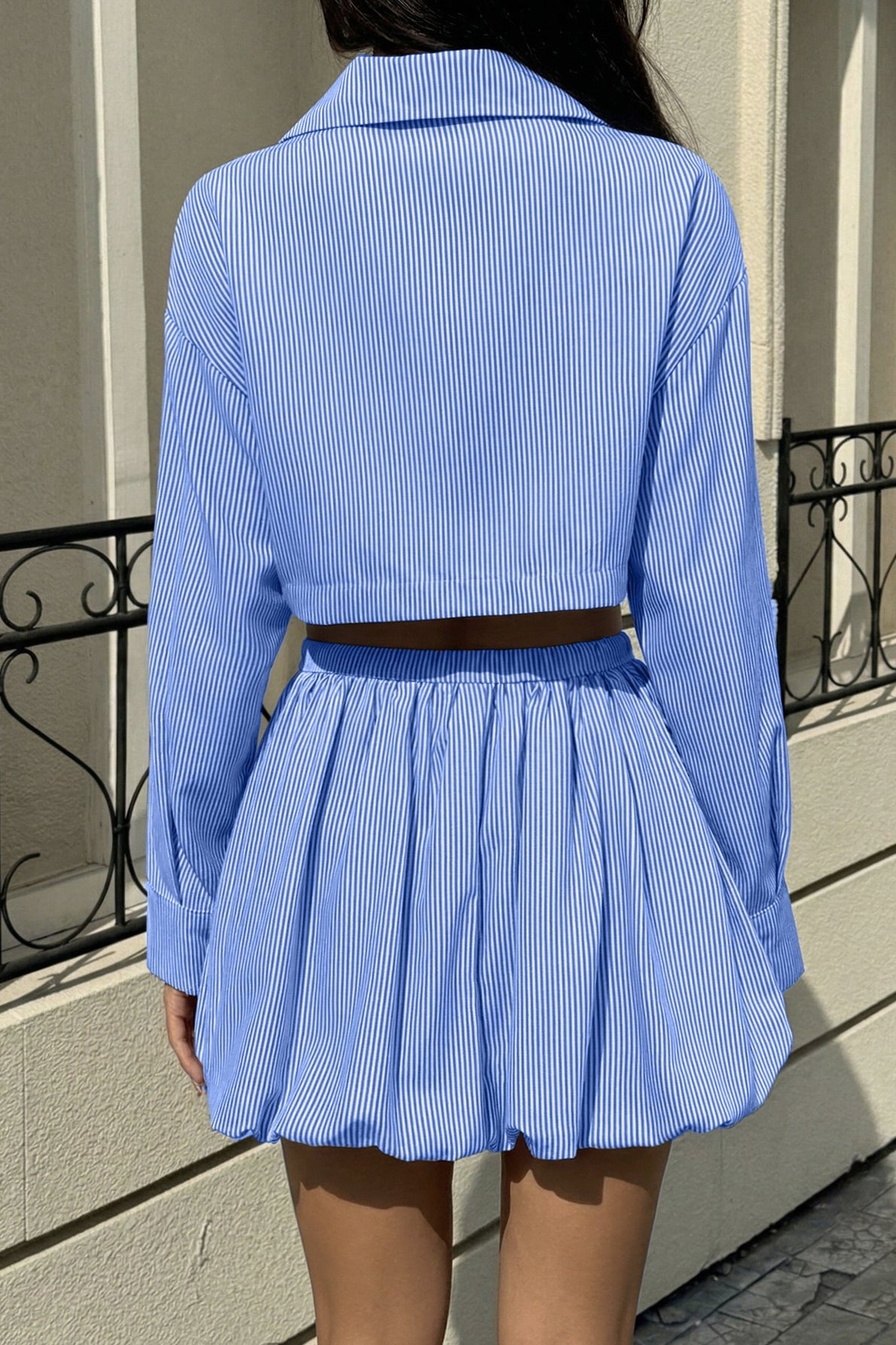 Blue White Stripe Bubble Hem Skirt Set