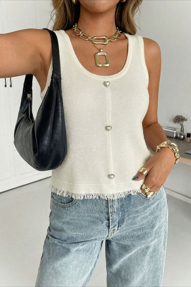 White Waffle Knit Raw Edge Cropped Tank Top Main image