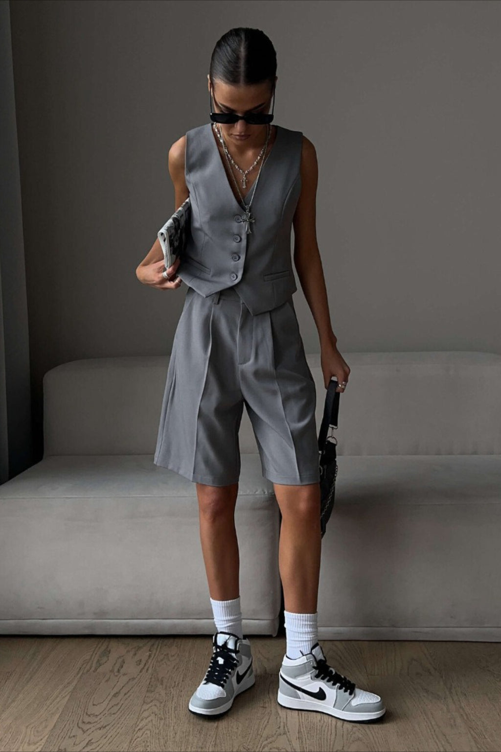 Casual V Neck Single Breasted Two Piece Vest Shorts Set