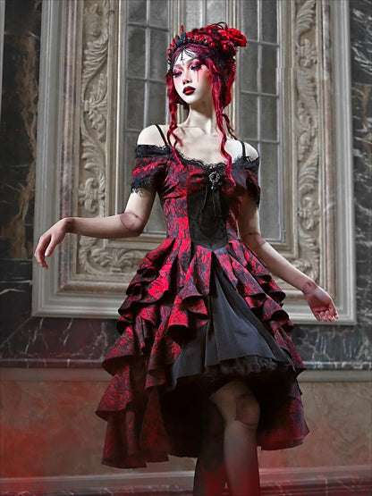 Japanese Lolita Court Style Red Black Off-Shoulder Gothic Wave High-Waist Halloween Autumn Party Dark Dress