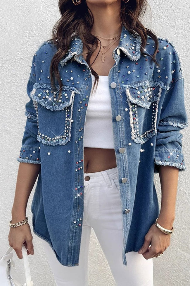 Beaded Contrast Denim Long Sleeve Coat coats Main image