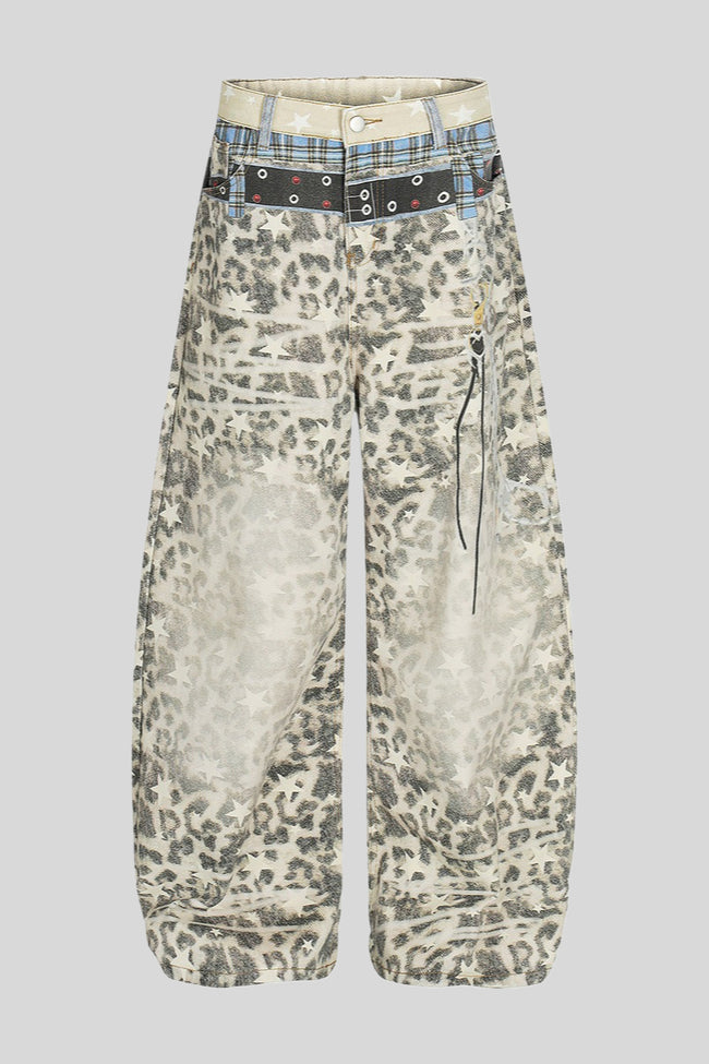 Leopard Double Waist Barrel Leg Jeans Main image