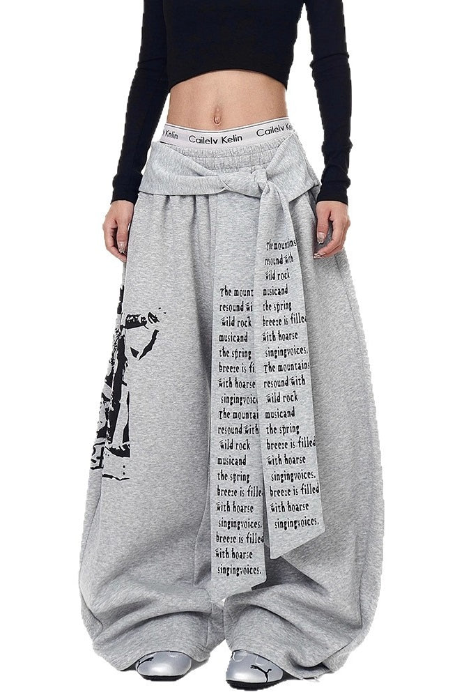 Layered Typography Ribbon Barrel Leg Sweatpants