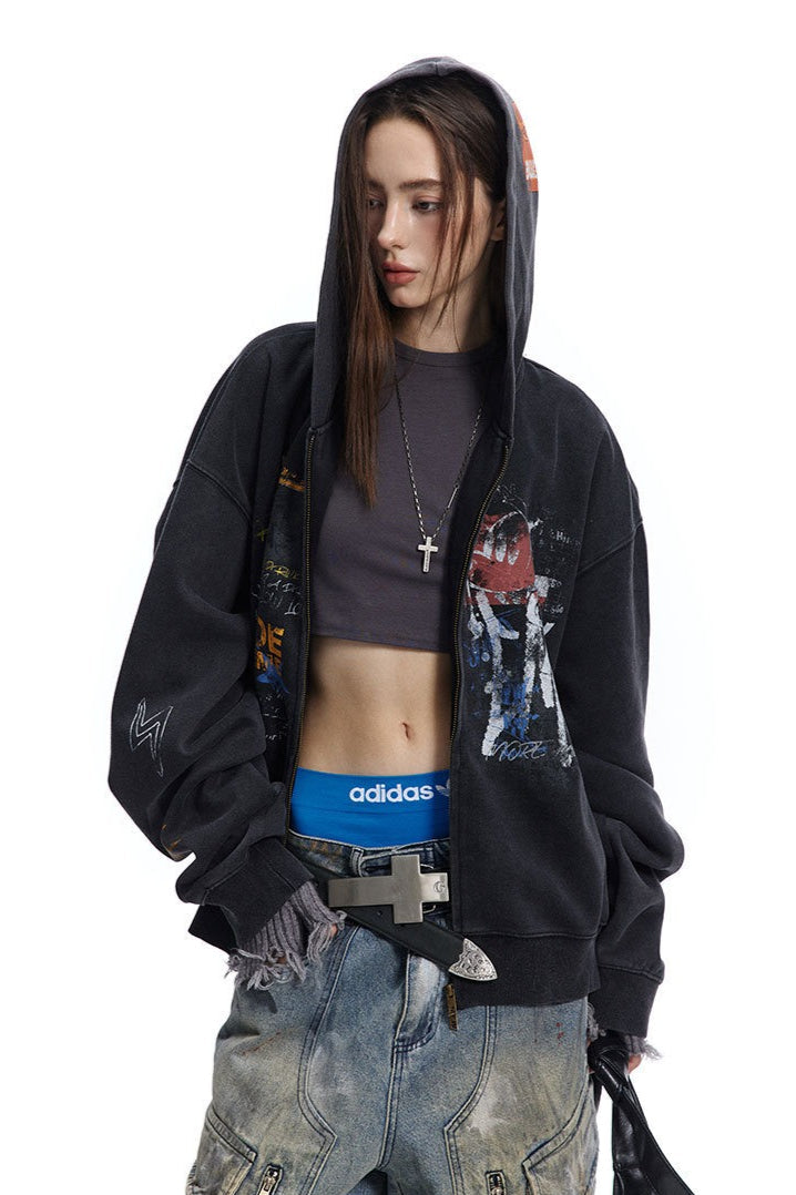 Graffiti Print Full Zip Oversized Hoodie