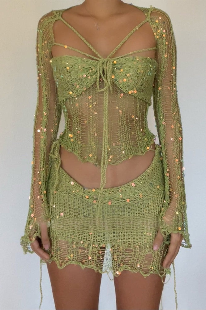 Sequin Knit Cutout Sweater Three Piece Skirt Set Main image