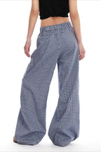 Blue Plaid Pleated Wide Leg Pants