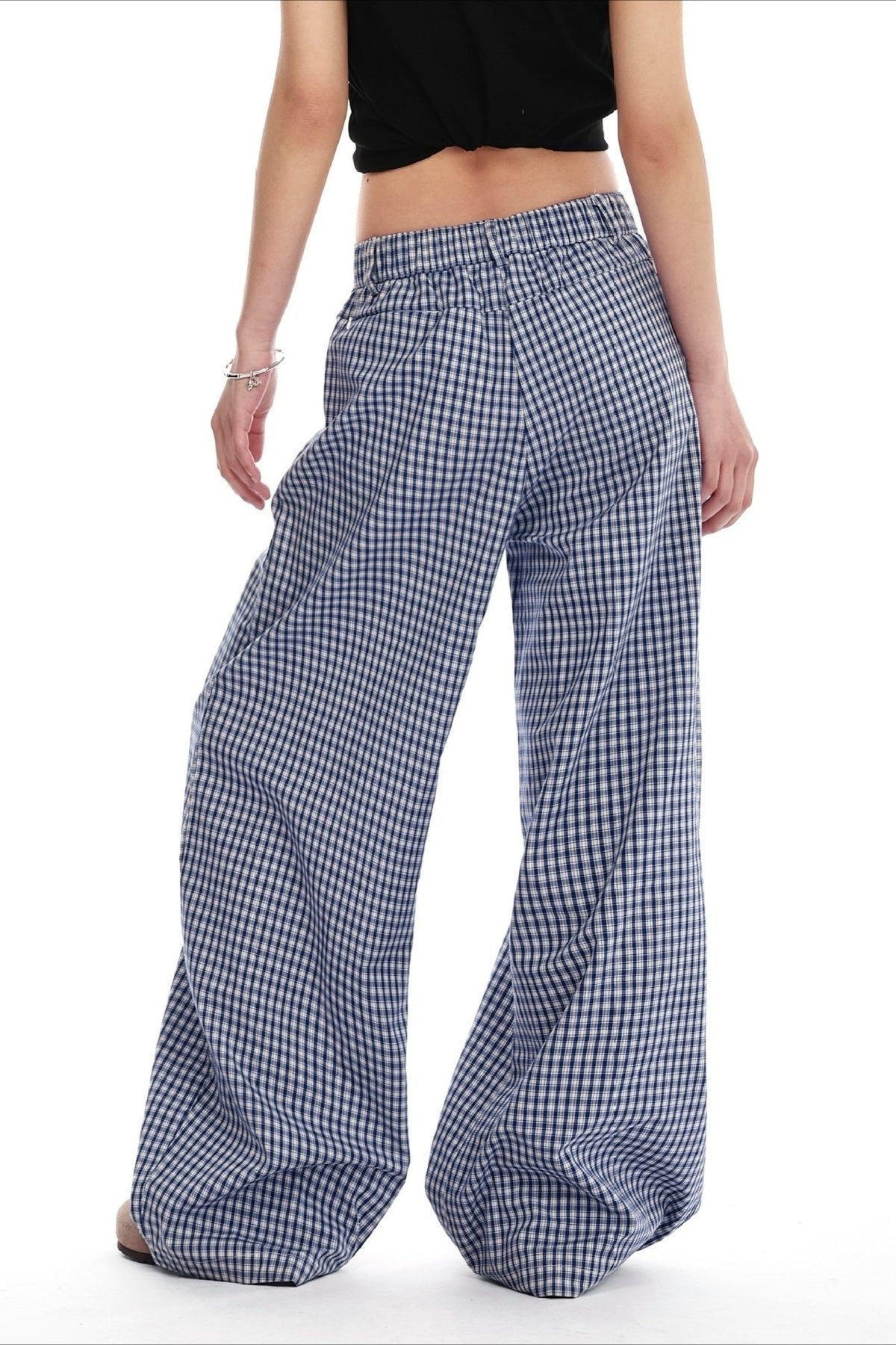 Blue Plaid Pleated Wide Leg Pants