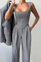 Layered Corset Style Three Piece Blazer Pants Set