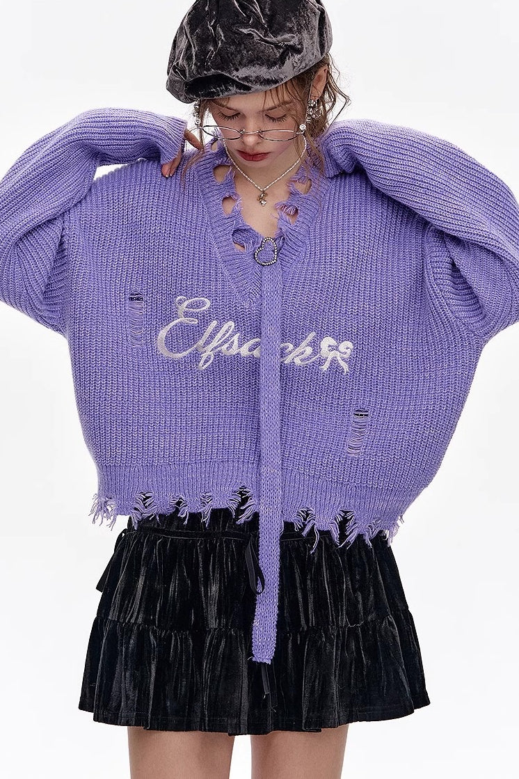 Red Embroidered Raw Edge Wool Blend Sweater
