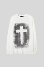 Distressed Cross Typography Graphic Oversized Sweatshirt