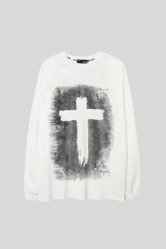 Distressed Cross Typography Graphic Oversized Sweatshirt