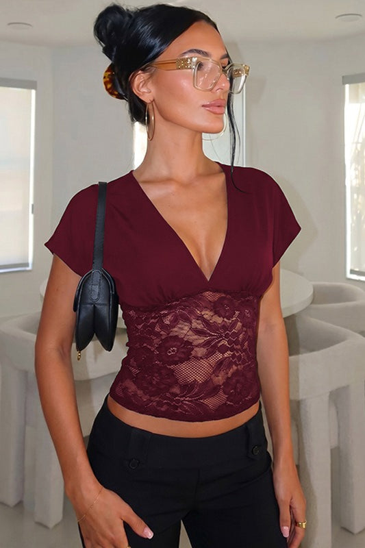 Sexy Deep V Lace Patchwork Slim Fit Tee Main image