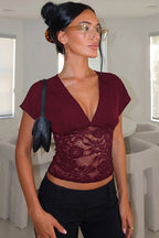Sexy Deep V Lace Patchwork Slim Fit Tee
