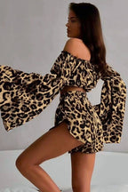 Off Shoulder Flared Long Sleeve Leopard Crop Top Shorts Set