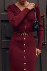 Elegant Slim V Neck Knit Cinched Waist Bodycon Sweater Dress