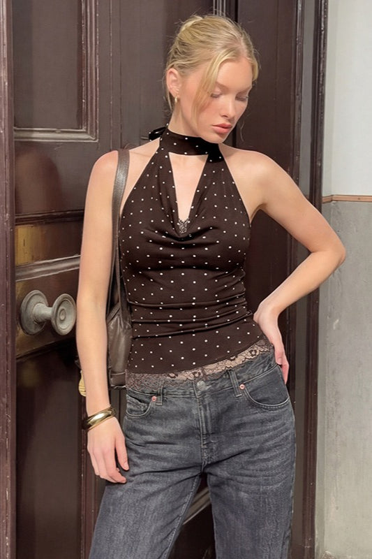 Polka Dot Lace Trim Backless Tie Tube Halter Top Main image