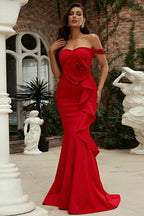 Off-Shoulder Sleeveless 3D Floral Maxi Dress S / Red