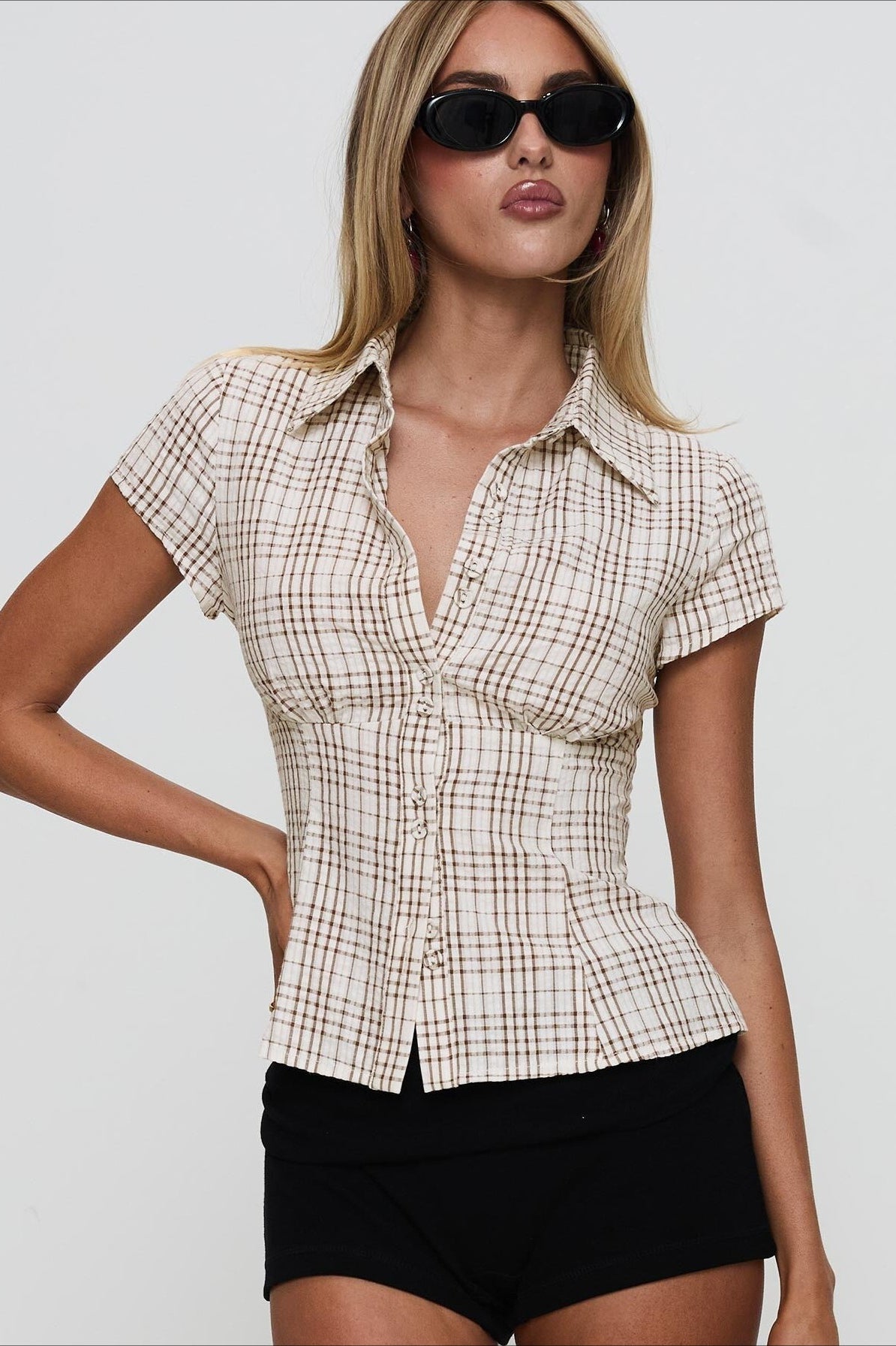 Plaid Double Button Slim Fit Shirt Blouse Main image