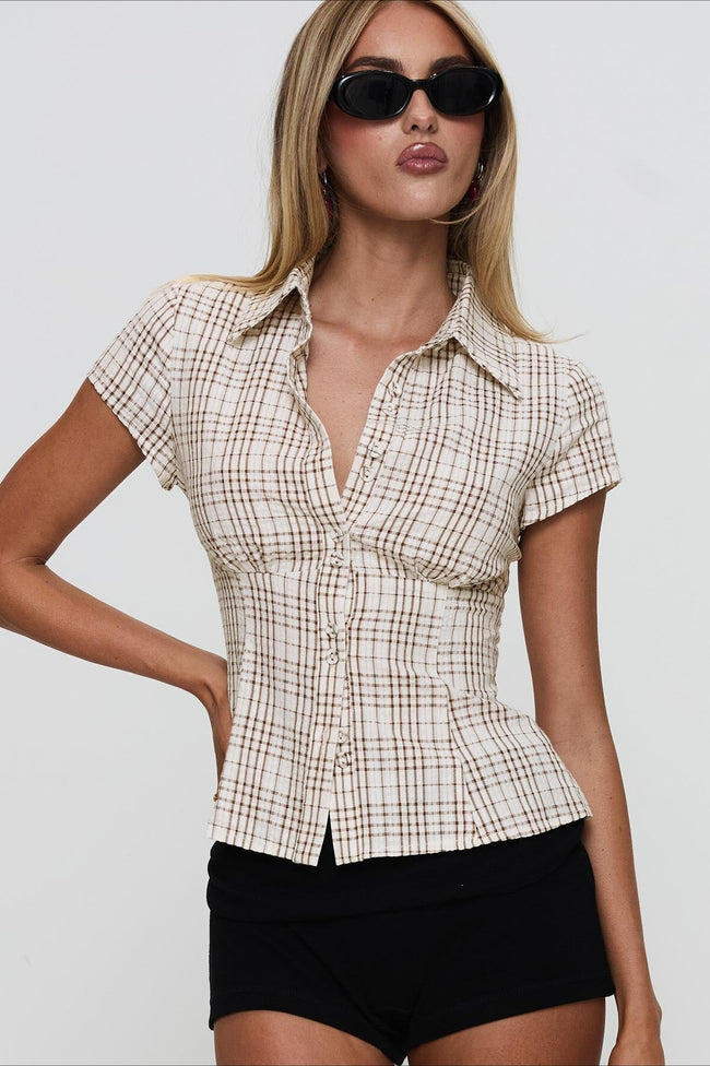 Plaid Double Button Slim Fit Shirt Blouse Main image