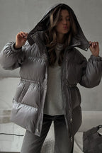 Adjustable Drawstring Hooded Puffer Jacket S / Grey