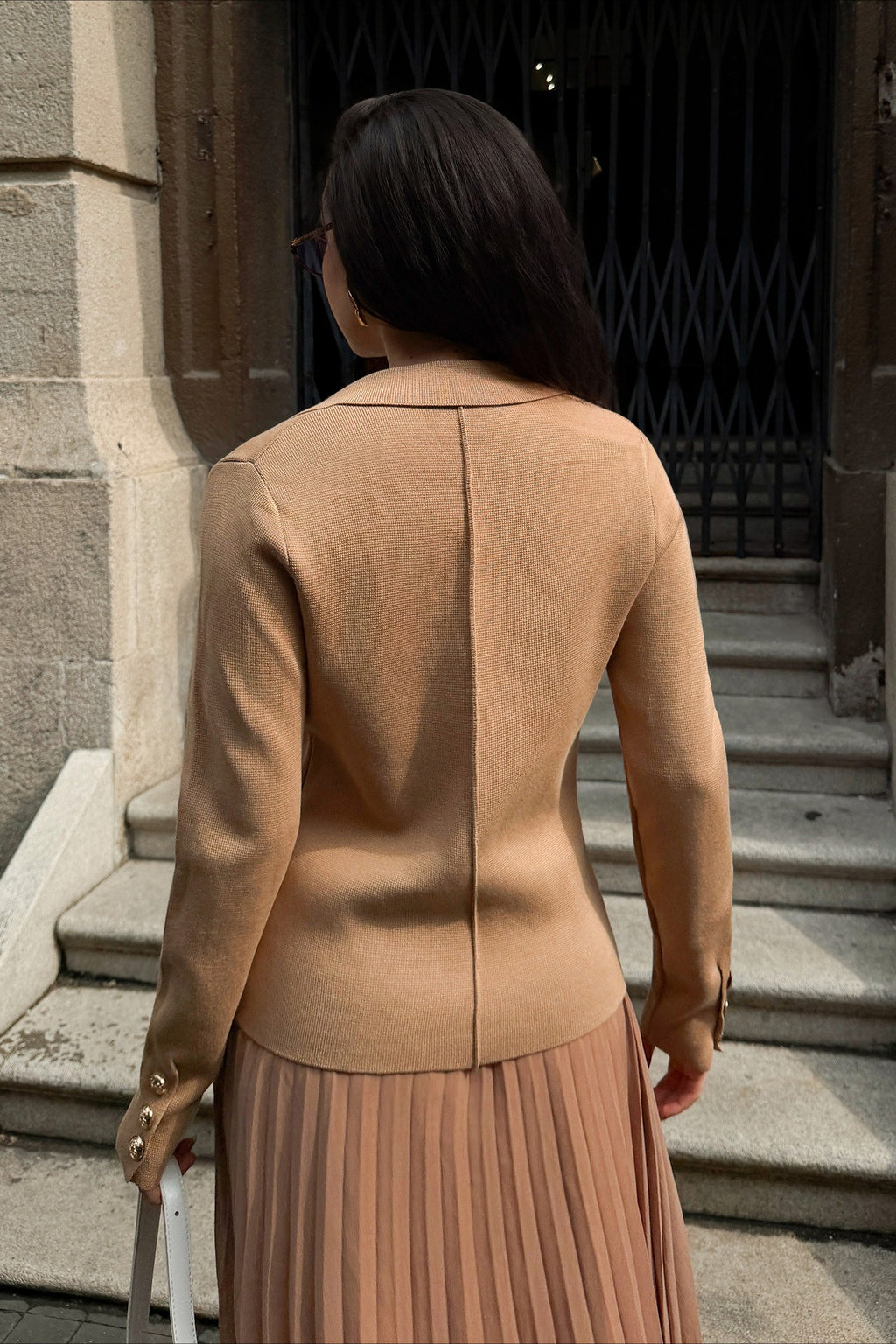 V Neck Double Breasted Knit Blazer Pleated Skirt Set