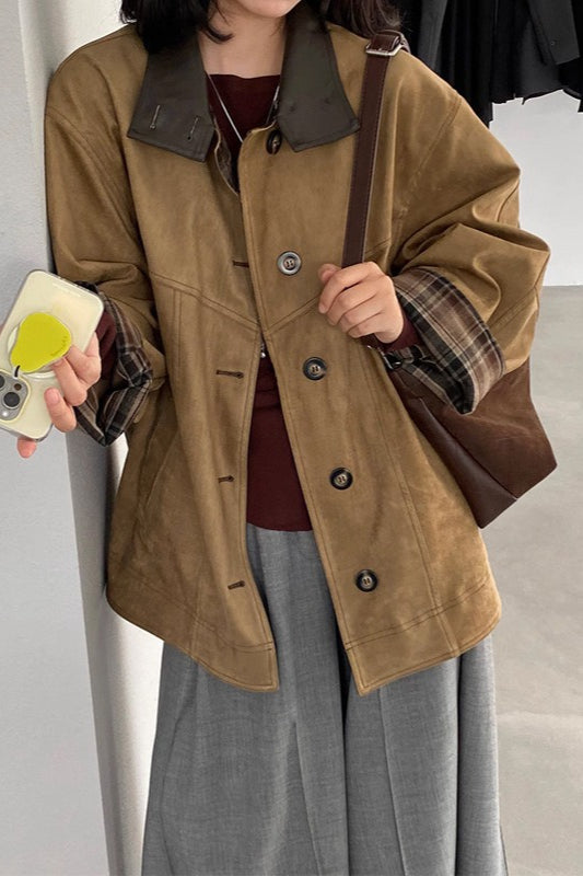 Brown Stand Collar Plaid Suede Jacket Main image