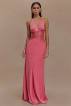 Lace Inset Halter Satin Formal Dress