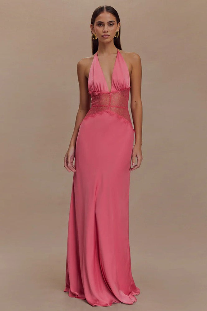 Lace Inset Halter Satin Formal Dress