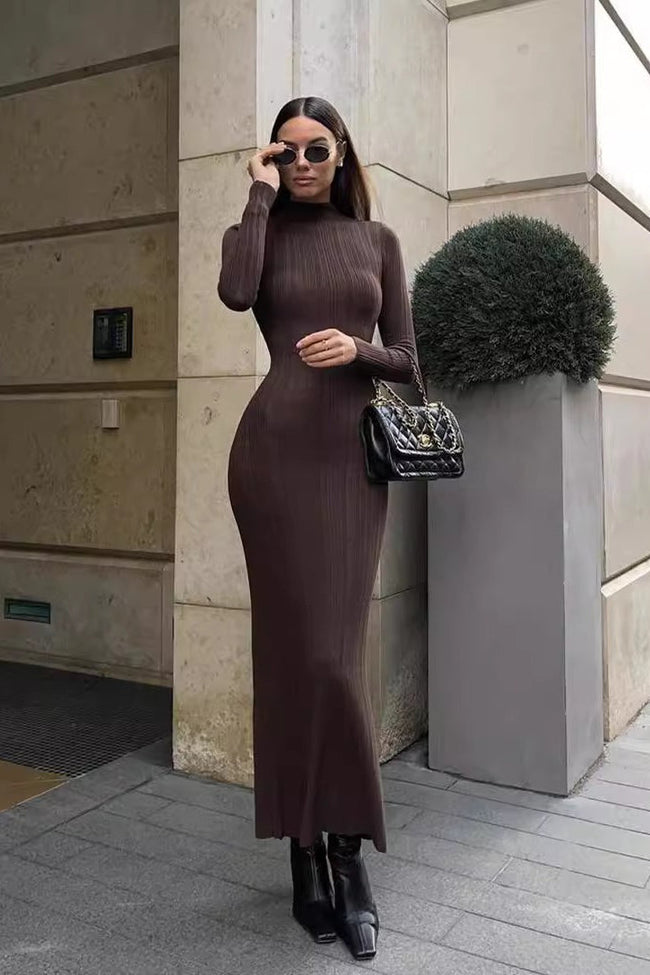 Elegant High Neck Striped Sweater Dress S / Brown Main image