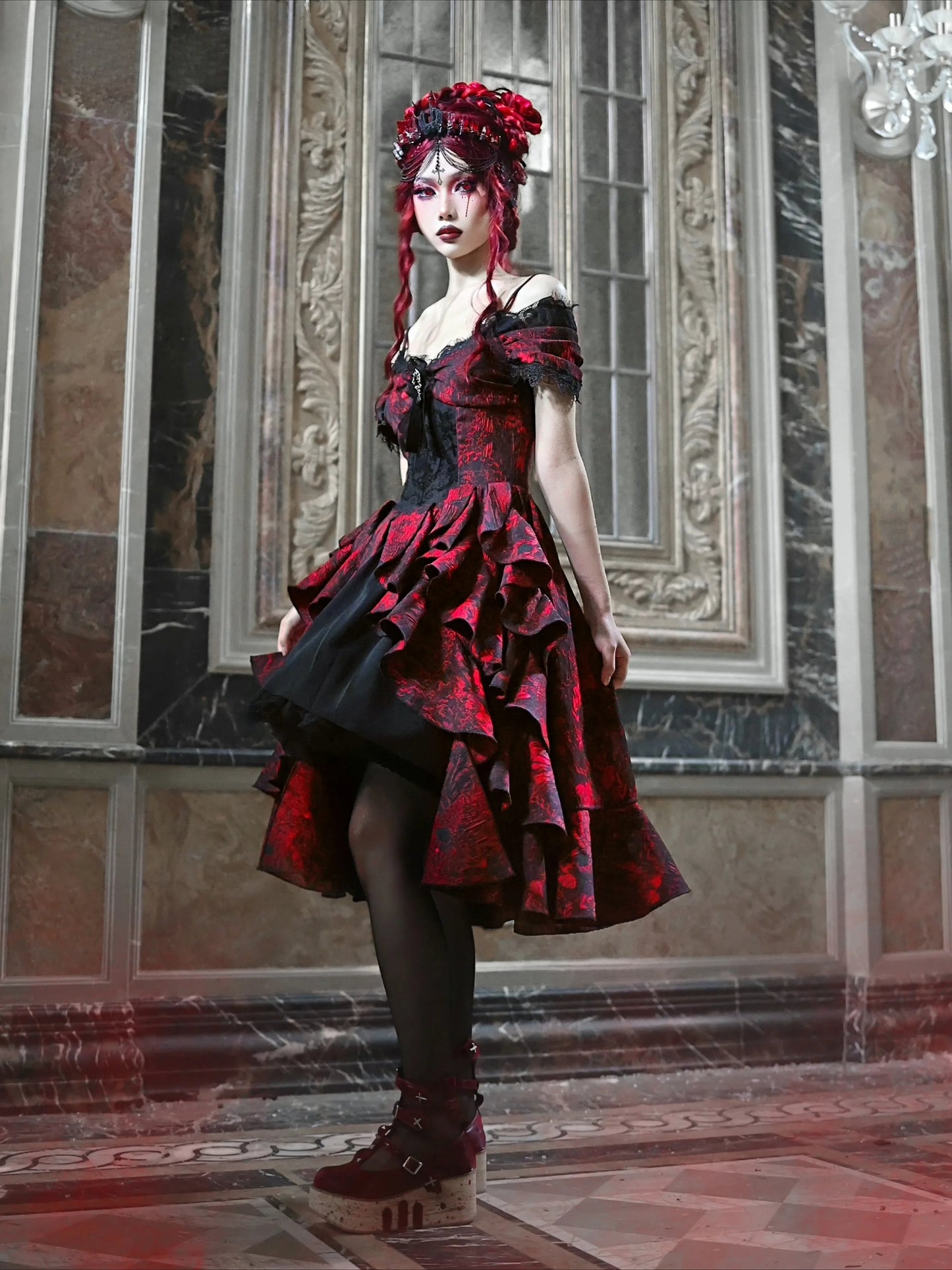 Japanese Lolita Court Style Red Black Off-Shoulder Gothic Wave High-Waist Halloween Autumn Party Dark Dress