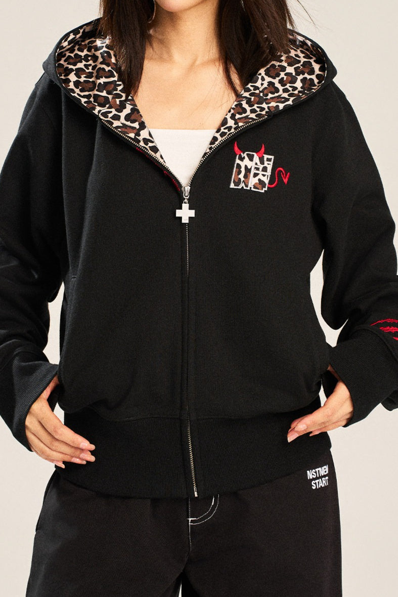 Leopard Lined Devil Horn Cross Zip Hoodie