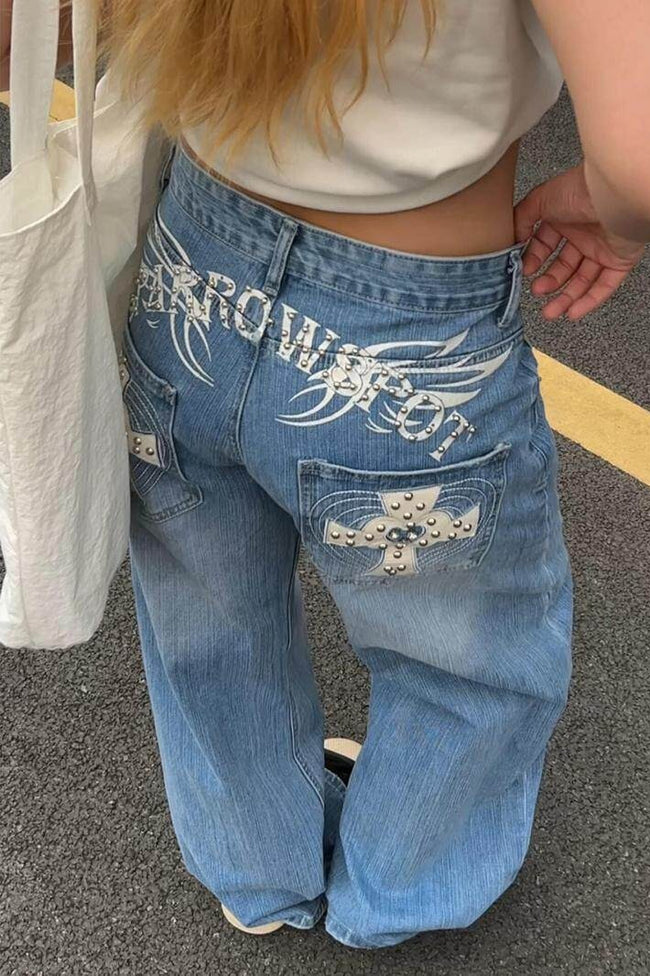 Cross Stud Curved Wide Leg Jeans Main image