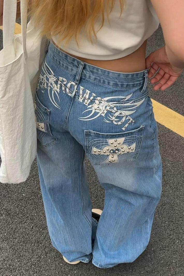 Cross Stud Curved Wide Leg Jeans Main image