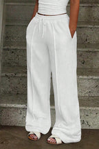 White Drawstring Wide Leg Relaxed Pants