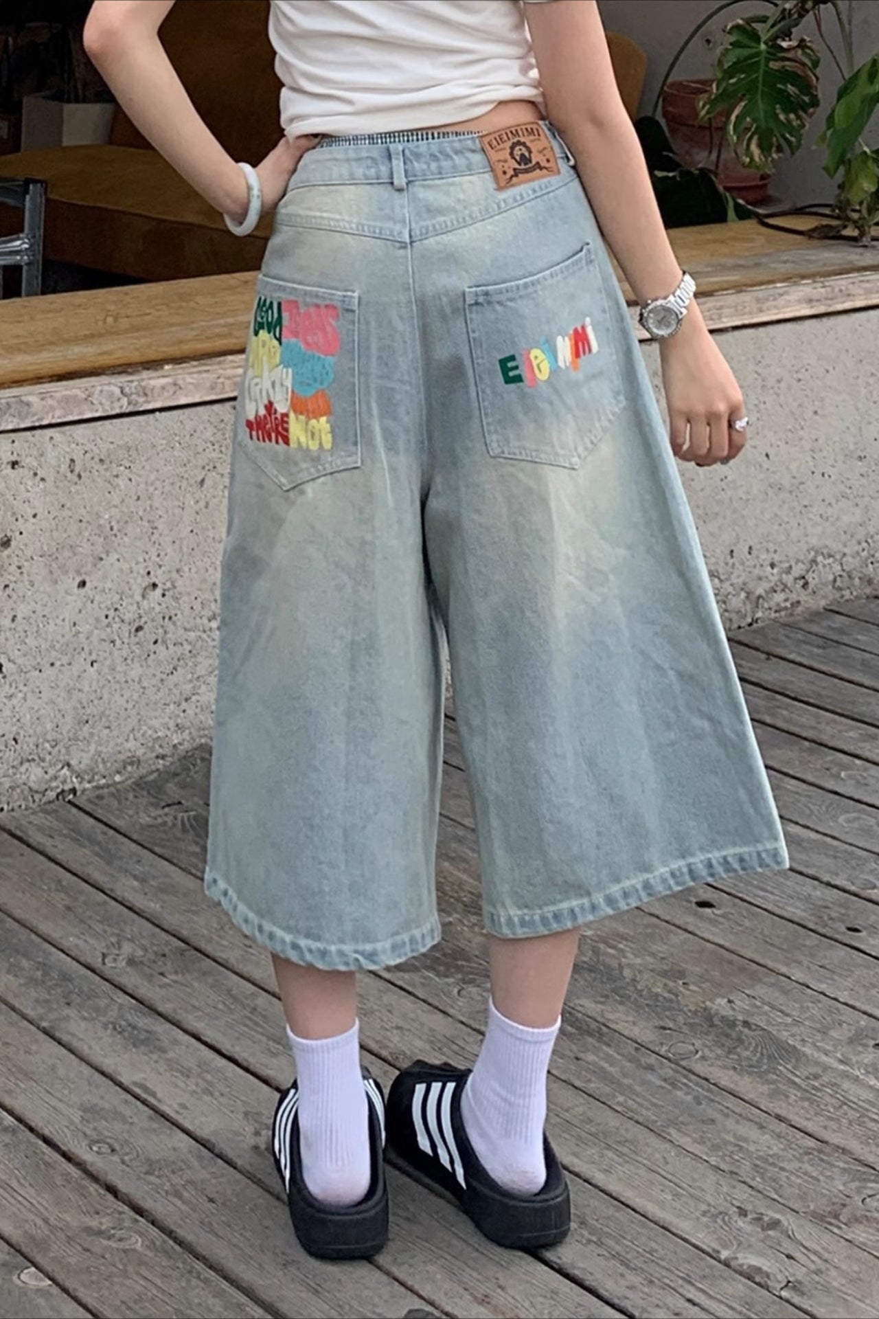 Color Letter Print Loose Fit Denim Shorts
