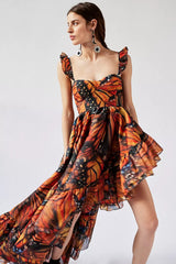 Butterfly Print Strap Flared Floral Dress