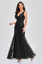 V Neck Sheer Embroidered Sequin Sexy Prom Dress