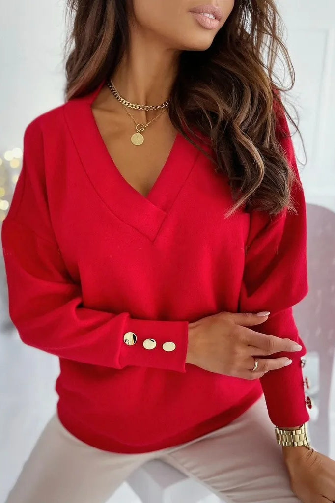 V Neck Button Knit Pullover Sweater