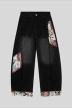 Pattern Patch Ankle Barrel Leg Jeans
