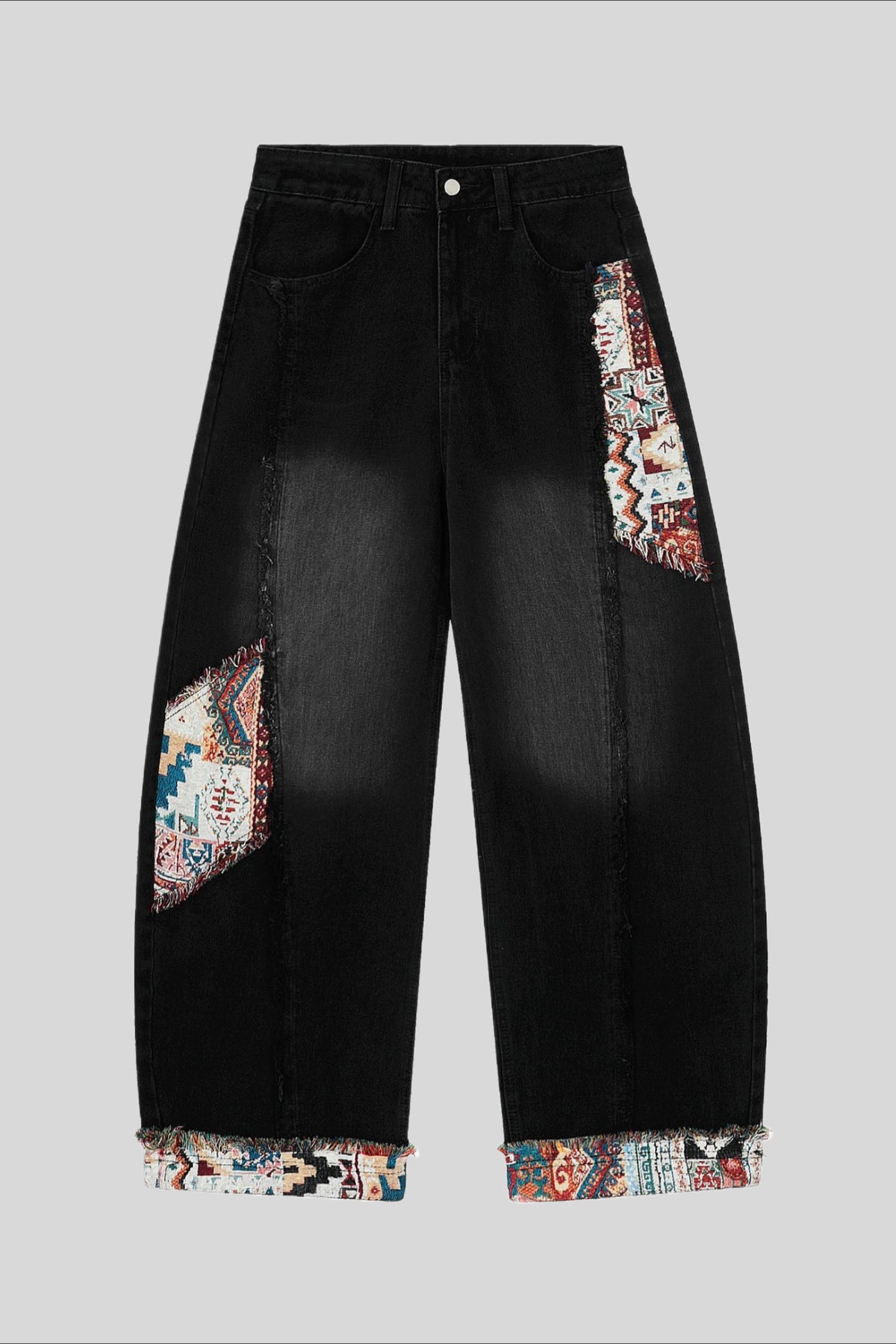 Pattern Patch Ankle Barrel Leg Jeans
