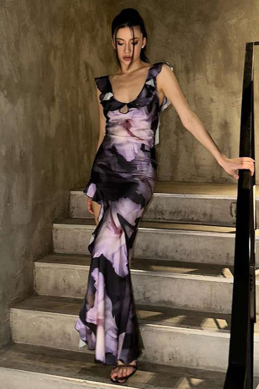 Backless U Neck Ruffle Slit Floral Dress Main image