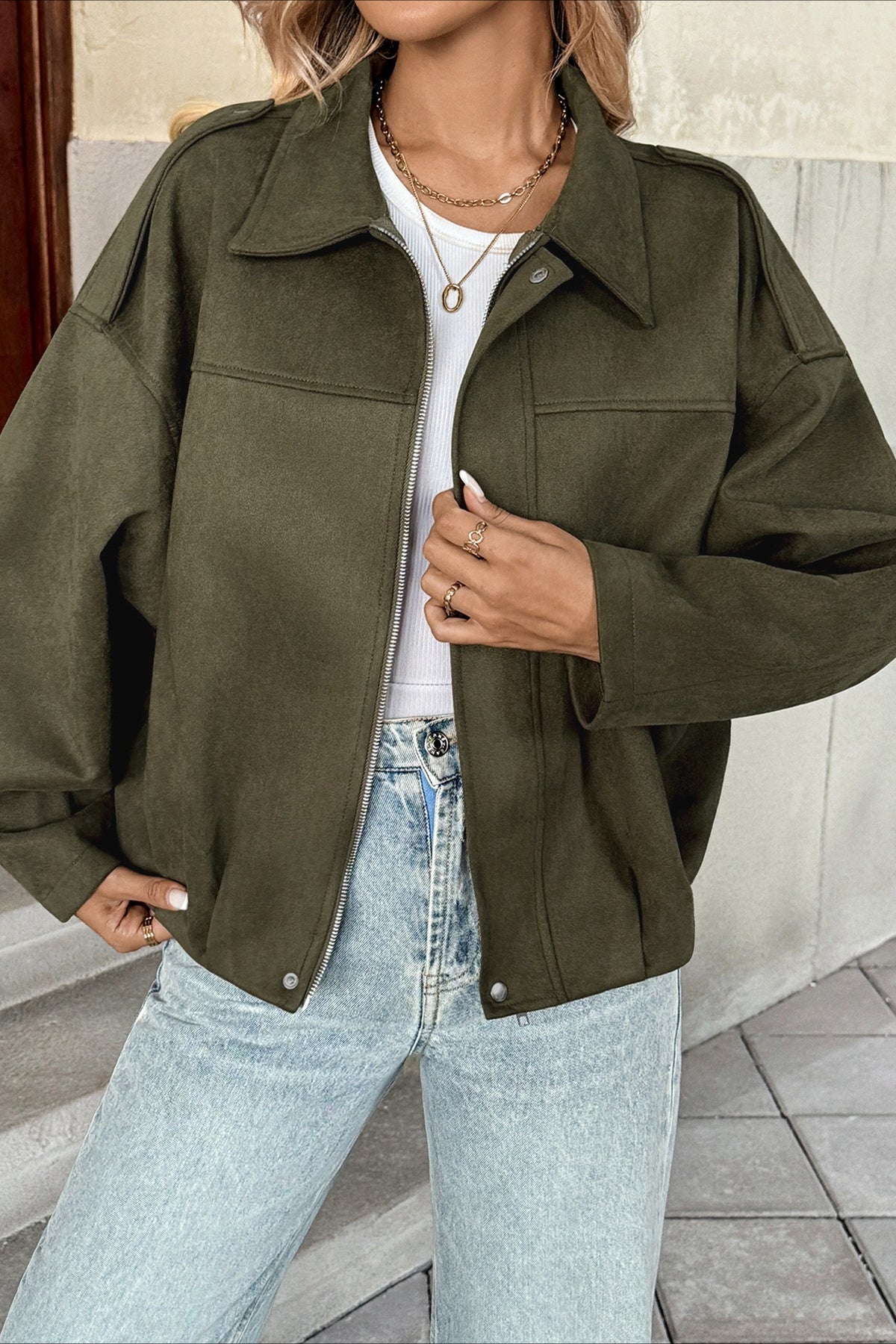 Lapel Collar Suede-Look Bomber Jacket Secondary image