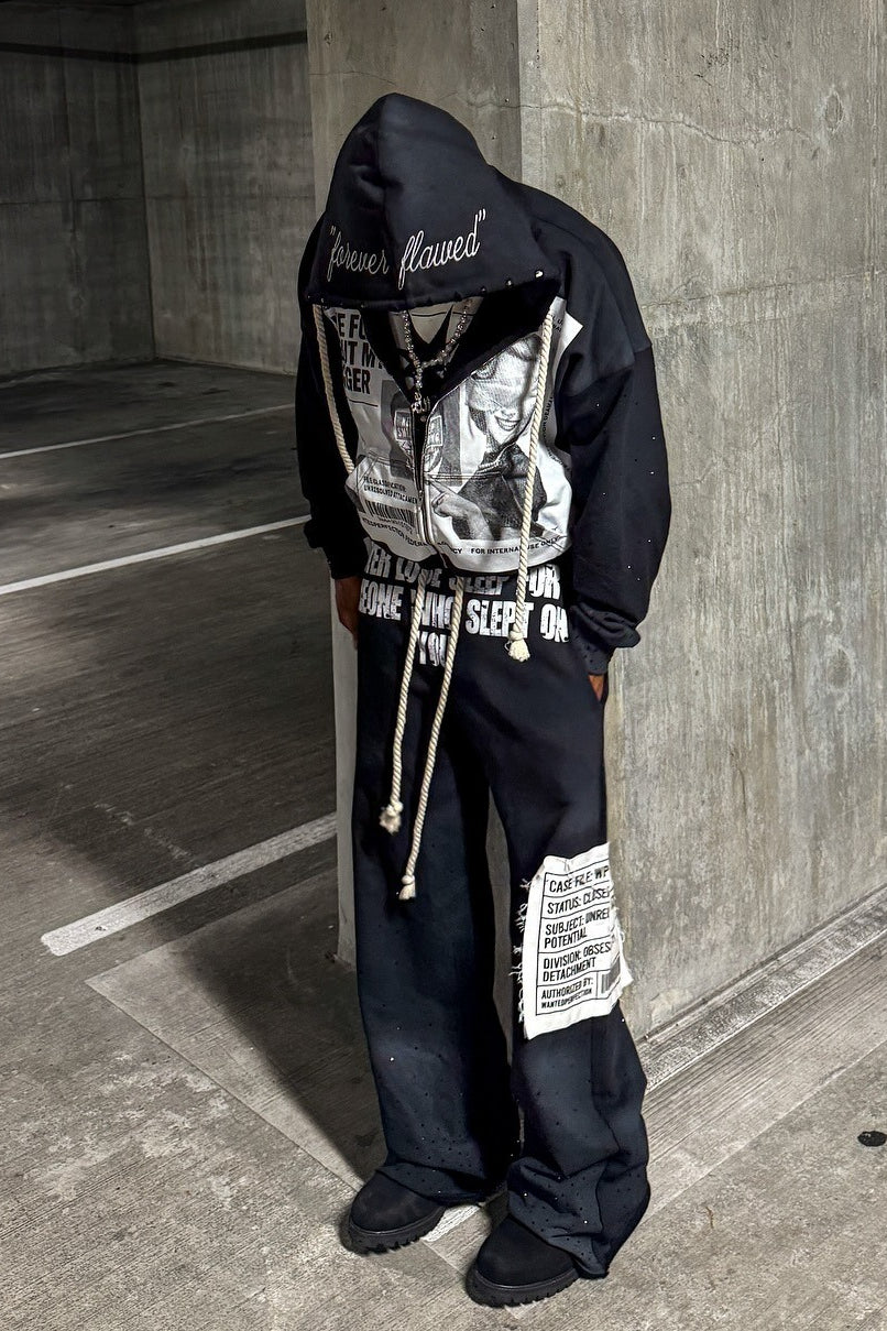 Newspaper Print Washed Embroidered Hoodie
