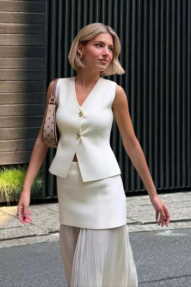 Button Front Two Piece Knit Vest Skirt Set Main image
