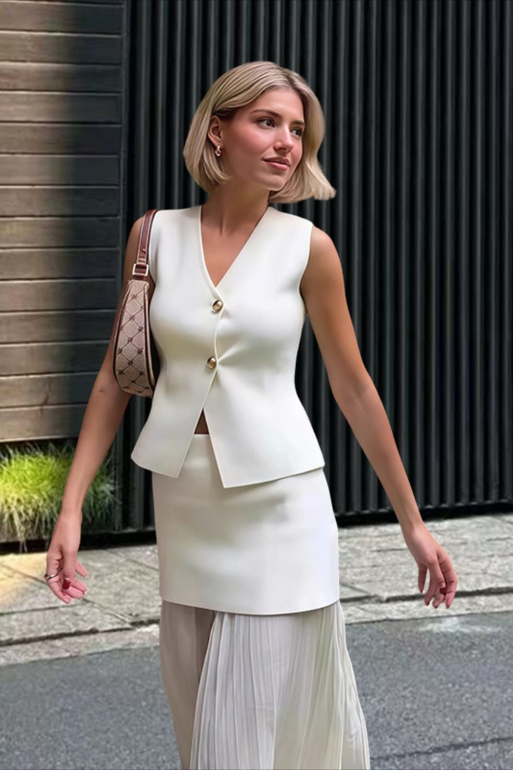 Button Front Two Piece Knit Vest Skirt Set